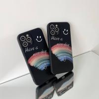 iPhone 11 Pro Max 簡約英文黑色彩虹笑臉直邊液態硅膠殼