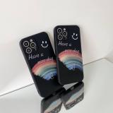 iPhone Xs 簡約英文黑色彩虹笑臉直邊液態硅膠殼